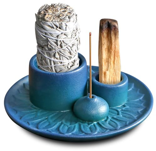 BORDEAG 4 in 1 Räucherschale, Räucherstäbchen Halter Keramik, Räucherstäbchenhalter, Kerzenhalter, für Jedes Räucherwerk, Räucherstäbchen, Weißer Salbei, mit Pinzette, Flanellpad, Bürste (Blau)