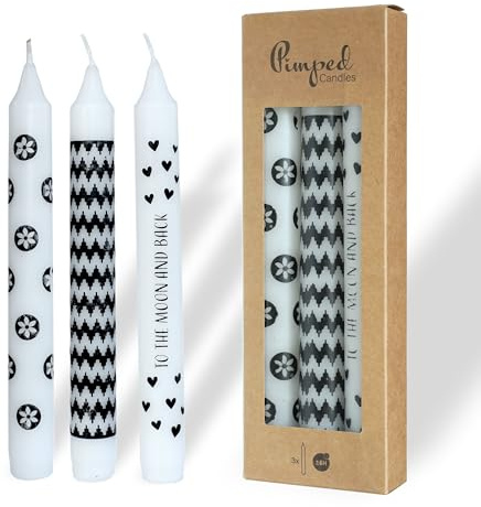COMFORDER Set med stavljus, 3 x bordsljus med slogan + motiv, 20 cm, 7 timmars brinntid (vit + svart)