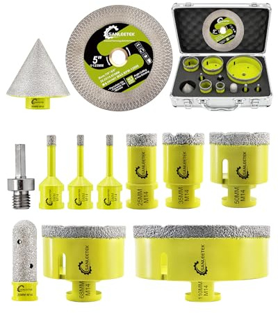 SANLEETEK Punte Diamantate Gres Porcellanato - Punte per Trapano Diamantate 12pezzi (6/6/8/25/35/50/68/110mm+20mm Fresa+50mm Punta Smusso+125mm Disco X+Adattatore) Ceramica Porcellana Marmo Granito