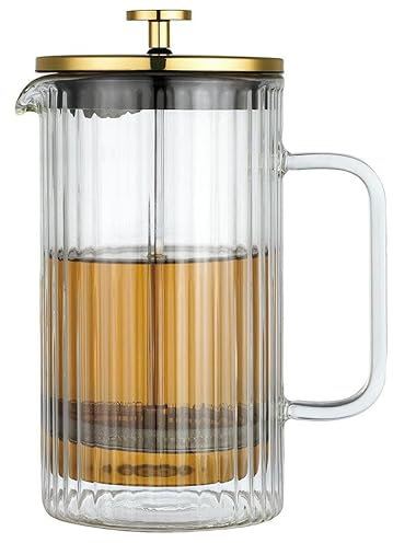 Klausberg Teezubereiter Kaffeebereiter French Press 1000ml / 9 Tassen, Kaffeepresse Edelstahl filter, Doppelwandige Isolierte Kaffeekanne, Teekanne, Teebereiter, Deckel in Gold (KB-7761)