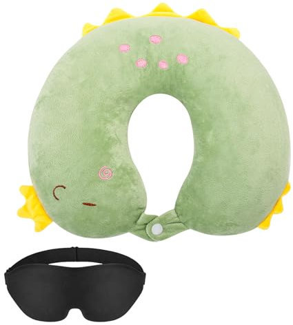AYSYR Cuscino da viaggio, verde, cuscino cervicale per bambini con maschera per gli occhi, motivo animale, cuscino da viaggio, cuscino da viaggio, motivo dinosauro, per adulti, per auto, aereo, 30 x