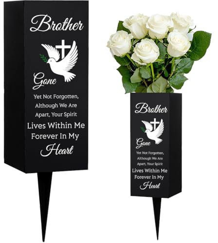 WEBEEDY Jarrones de cementerio para hermano, jarrón de metal para tumba, soporte de flores con pinchos, decoración de cementerio para tumba, funeral, palomas, cruz para siempre en mi corazón, letrero