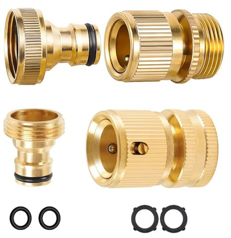 Mdlufee Conector de latón para manguera de jardín, conector de adaptador macho y hembra de 3/4 pulgadas, conector de extremo de manguera de conexión rápida y rociador (4 piezas)