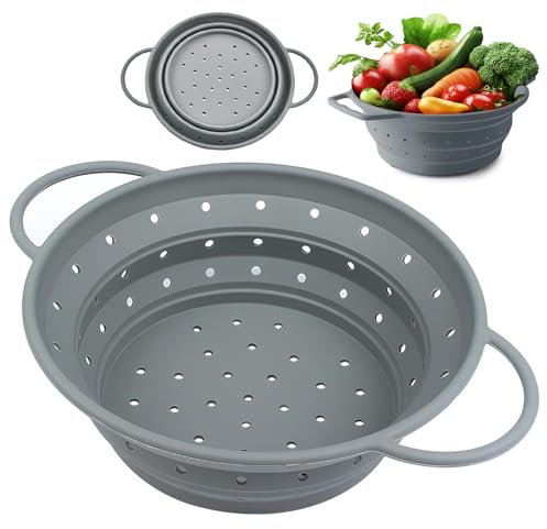 Scolapasta Silicone Pieghevole con Manico, Colino Setaccio da Cucina per Pasta, Verdura e Lavaggio, Cestino Drenante Collapsible, Setacci da Cucina per Pasta, Frutta, Verdura, 21,5 cm (Grigio)
