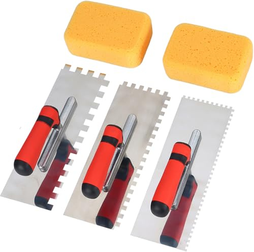 Notched Trowel 3 Pcs Set, Premium Stainless Steel Tile Trowel with Grout Sponge,Professional Tools for Tiling Installation(Square Notch Size: 4mm & 8mm & 12mm)