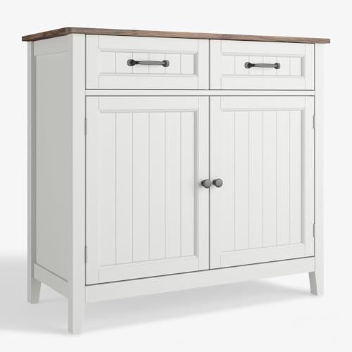 Xbro Kitchen Sideboard with Worktop, 2 Drawers & Double Door Storage Cabinet – Modern Farmhouse Buffet for Kitchen, Dining Room & Hallway, Grey