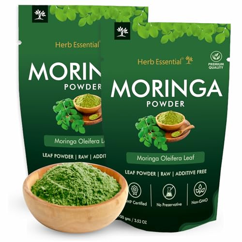 Herb Essential Moringa Oleifera Organic Leaf Powder- 0.44 lbs (7.05 Oz), GMP Certified, Non-GMO, Vegan, Authentic Indian Origin Herbal Supplement, Great Superfoods for Smoothies and Drinks