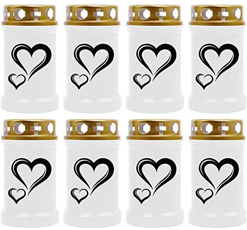 HScandle Lot de 8 bougies funéraires - Blanc - Durée de combustion : environ 40 h de combustion par bougie - Motif : cœur