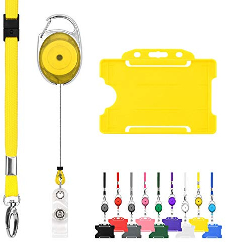Retractable Lanyard and Badge Holder Trio Triple Pack by LanyardsTomorrow - Set Includes A Single Plain Lanyard, Extendable Carabiner Yoyo Reel Clip and Rigid ID Card Holder (Yellow)