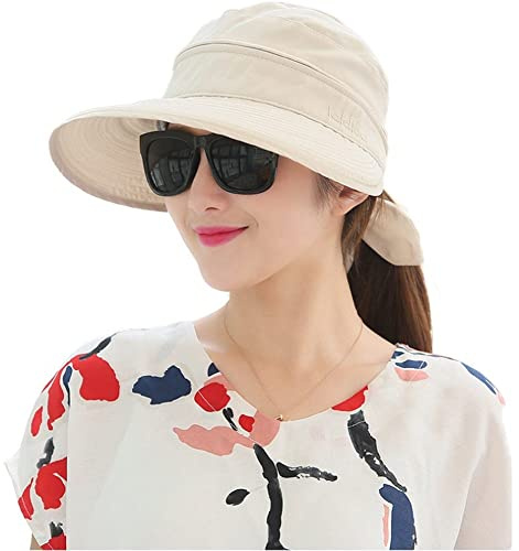 Casquette Visière Femme été Casquette de Baseball Queue de Cheval Chapeau Haut Vide Coton Chapeau de Soleil Large Bord Anti-UV Casquette Cap Snapback Chapeau de Sport Golf Plage Voyage, Beige