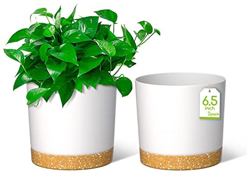 ZMTECH Pots de Fleurs de 16,5cm, Jardinières Modernes avec Trous de Drainage et Soucoupe Détachable, Pots de Fleurs en Plastique pour Plantes d'Intérieur et de Jardin (Blanc, Lot de 2)