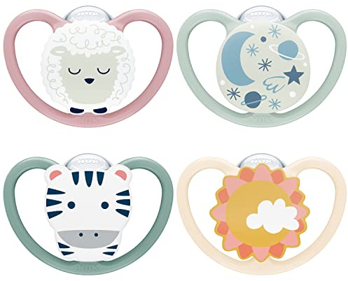 NUK Space Day & Night chupete | 6-18 meses | Chupetes que brillan en la oscuridad con ventilación adicional para pieles sensibles | Silicona sin BPA | Cebra y oveja | 4 unidades
