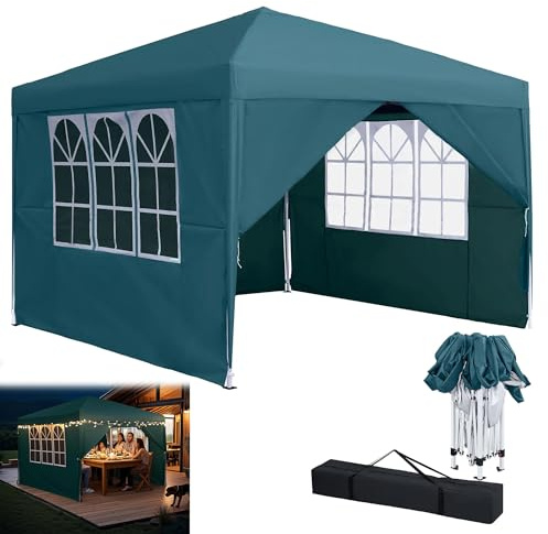 YRHome Pavillon Faltbar Pop Up Faltpavillon Pavillon 3x3m Wasserdicht Winterfest Stabil UV-Schutz Gartenpavillon mit 4 Seitenteilen und Fenstern Gartenzelt Partyzelt Höhe bis 2.6m, Grün