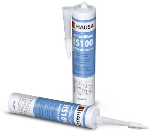 HAUSA Sanitär-Silikon HS100 hellgrau 2x 310ml hochelastische Fugendichtmasse für Bad Dusche Küche wasserdichter Acetat Silikon-Dichtstoff in Kartusche zum Abdichten Verfugen