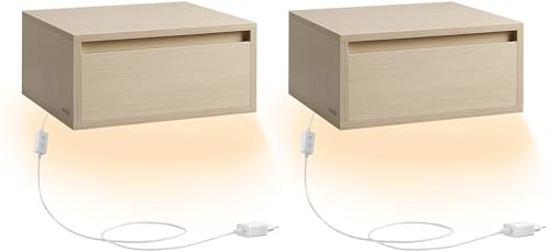 VASAGLE Hängande sängbord, set med 2, nattduksbord, 3 färger, vägghylla, låda, 35 x 40 x 18 cm, modern stil, för sovrum, vardagsrum, naturlig beige LET854N01