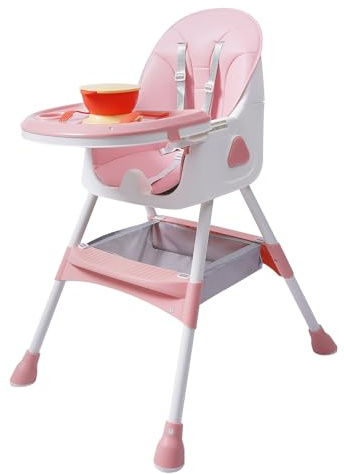 Chaise haute pour bébé, avec 1 jeu de couverts, panier de rangement à couverts, hauteur réglable, pour bébé de 6 mois à 6 ans, capacité de charge 80 kg (rose)