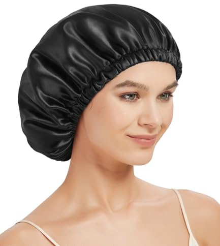 Bonnet de Nuit 22 Momme en 100% Soie de Mûrier pour Dormir, Double Bonnet pour Cheveux Bouclés, Bonnet de Sommeil Pure Soie, Réversible et Ajustable (FR/ES, Alpha/Lettres, Taille Unique, Noir)