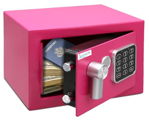 SereneLife Cassaforte, Cassaforte Piccola Elettronica, Cassetta di Sicurezza 23x17x17 cm, Codice Digitale, 2 Chiavi, per Casa, Ufficio, Denaro, Gioielli, Armi, Montabile a Muro, Pavimento, Rosa