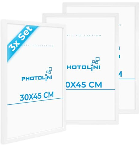 PHOTOLINI Cadre 30 x 45 bois MDF blanc, lot de 3 cadres photo pour posters et affiches, verre acrylique incassable, décoration murale à suspendre, avec accessoires supplémentaires