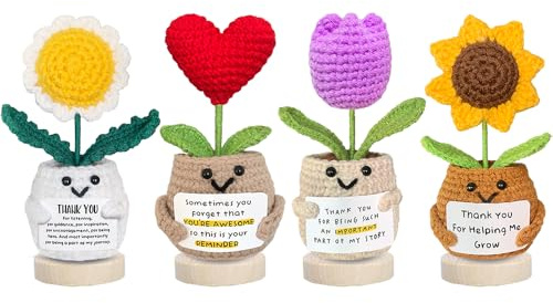 Teacher Appreciation Gifts,Emotional Support Crochet Sunflower Flowers Plants, Thank You for Helping Me Grow, Thank You Gifts for Women Mom Positive Crochet Flower Heart with Stand for Friend Coworker
