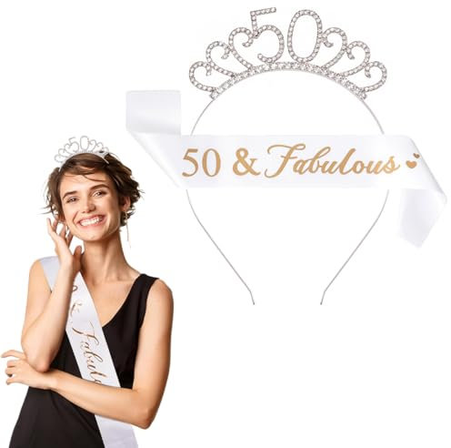 50 Ans Couronne Anniversaire Écharpe, 50 Ans Anniversaire Ceinture et Diadème pour Femme, Decoration Anniversaire 50 Ans, Femme Anniversaire Diadème Couronne, Cadeau Anniversaire Femme 50 Ans (Blanc)