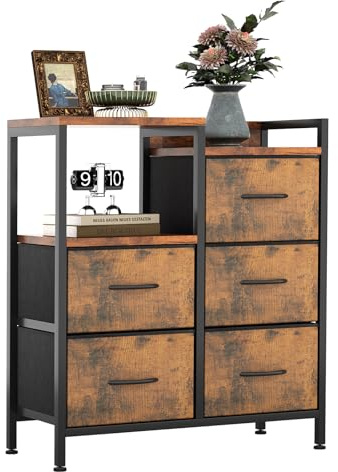 MUTUN Kommode, Schubladenschrank mit Stoffschubladen, Sideboard für Schlafzimmer/Wohnzimmer/Flur, 5 Schubladen mit Griffen, Schrank mit Metallgestell,Vintagebraun