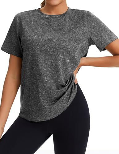 Gyabnw Women's Crew Neck Short Sleeve Gym Tops Lightweight Breathable Mesh Workout Shirts Quick Dry Sports T-Shirts for Yoga and Training Dark Grey