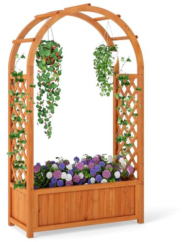 COSTWAY Blomlåda med spaljé och krökt tak, rosbåge med planteringslåda och dräneringshål, blomkruka för balkong, trädgård, trä, 83 x 36 x 146 cm, brun