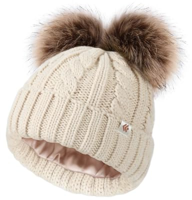 Creekstone Kids Bobble Hat Satin Lined Winter Beanie for Baby Boy Girl Warm Todders Beanie with Double Pom Pom Ears 1-7 Years (UK, Alpha, One Size, Beige)