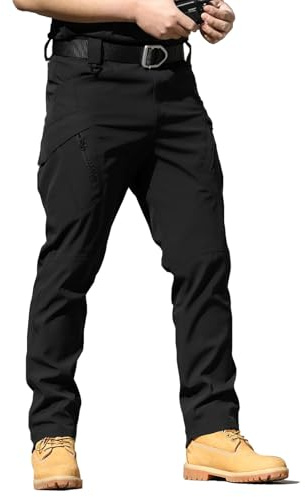LYRXXX Men's Tactical Cargo Pants Stretch Ripstop Fabric Lightweight Waterproof Multi Pockets Work Hiking Outdoor Casual Pants,Black (No Belt)