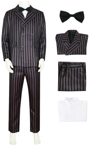 Kolegrial Gomez Disfraz Hombre Cosplay Miércoles Papá Gomez Gótico Vintage Rayas Smoking Set Chaqueta Camisa Pantalón Pajarita para Fancy Dress Up Carnaval Halloween Fiesta Cumpleaños Mascarada Traje