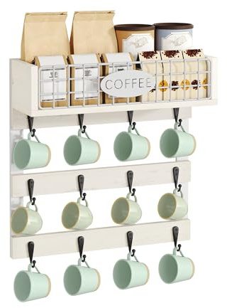 YITAHOME Wall-Mounted Mug Holder with 12 Hooks & Guardrail, White | Metal Storage Shelf, Cup Organizer for Kitchen, Dining Room and Coffee Bar, Space-Saving Wall Storage for Home
