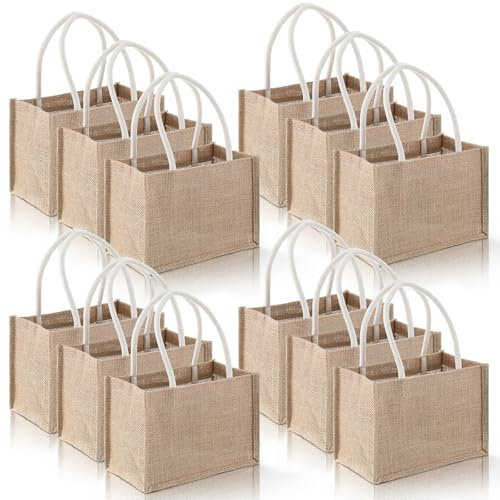 Oqqlin 12 Pcs Burlap Tote Bag Bulk, 9.1 x 5.1 x 6.3 Inch Mini Jute Tote Bags Reusable DIY Blank Shopping Bags with Handles for Weddings, Birthdays, Parties, Beaches, Gifts