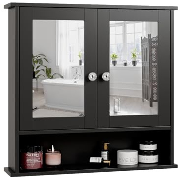 Bonnlo Bathroom Mirror Cabinets, Bathroom Wall Cabinet with Double Mirror Doors & Adjustable Shelf, Double Door Cupboard Mirrored Wall Mounted Storage for Bathroom, Kitchen, Black, 56 x 13 x 58 cm