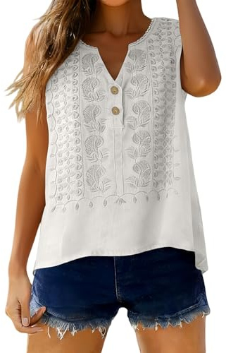 Top da donna senza maniche in cotone e lino, chic ed elegante, estivo, con ricamo, tinta unita, casual, maglietta a tunica, leggera, moda, camicie e bluse eleganti, bianco, XL