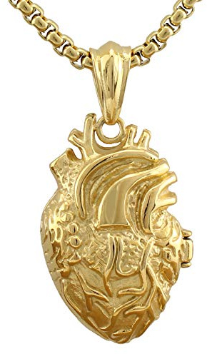 Serebra Jewelry - Collana con ciondolo a forma di cuore anatomico 3D, in acciaio inox, argento, colore: nero, oro, unisex, Argento sterling,