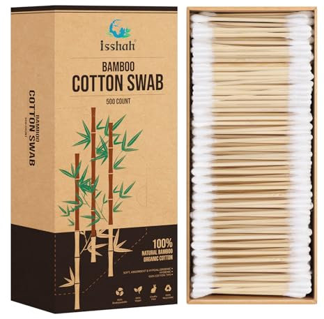 Bamboo Cotton Swabs - 500 Count - FSC Certified and PETA Approved, Eco Friendly Double Tips, Plastic Free Ear Sticks, All Natural 100% Biodegradable Organic Cotton buds by Isshah