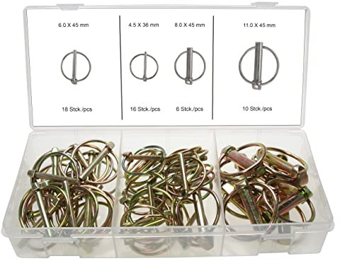 Alkan Cotter Pin Assortment, 50 Pieces in 4 Sizes, Galvanized Steel, Folding, Self-Locking, for Workshops, DIY, Craftsmen, 4.5-6 x 36 mm, 5.8 x 45 mm, 7.8 x 45 mm, 10.8 x 45 mm