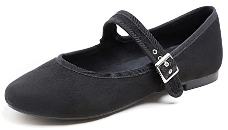 Feversole Women's Belt Mary Jane ，Mujer Zapatillas Merceditas De Lona Mary Jane Negro Ante EU 39