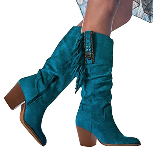 boseucn Boots Damen Schwarz Leder, Damen Stiefel mit Absatz Fransenstiefel Kniehohe Stiefeletten Flache Absätze Fransen Warm Cowboy-Stiefel Lange Schuhe Boots Winterschuhe Ankle Spitz Boots Vintage
