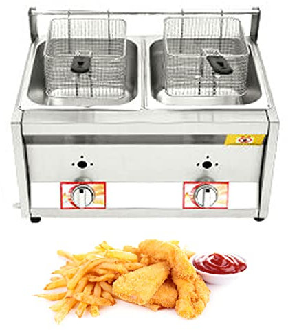 Commercial Countertop LPG Gas Deep Fat Fryer Dual Tanks with 10Lx2 Basket and Lid Stainless Steel Large Capacity Propane LPG with Metal Tube for French Fries Home Kitchen Restaurant