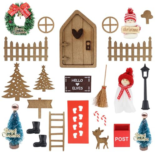 Ruikdly Weihnachtswichtel Set 25 Stück Miniatur Wichtel Zubehör Wichteltür Zubehör Weihnachten Set Holz Wichtel Tür Deko Weihnachtswichtel Tür Wichtelhaus für Kinder Geschenke Weihnachtsdeko