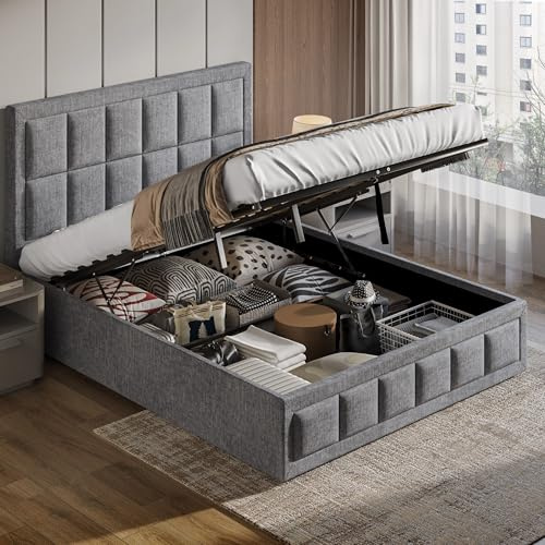 Blisswood Ottoman Bed, Upholstered 4ft6 Double Bed with Storage, Gas Lift End Opening Wooden Slats, Sturdy & Noise Free Velvet Beds, No Box Spring Needed, Size-204L x 145W CM, Light Grey, Double
