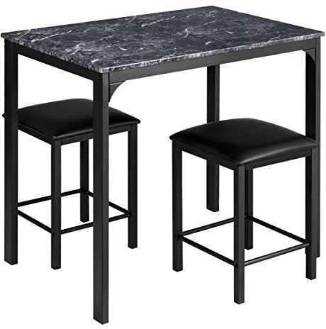 HOMASIS Ensemble de table à manger avec chaises de bar, 2 tabourets de bar, ensemble de salle à manger avec coussins d'assise et pédales, ensemble de sièges en bois et métal, table de cuisine, table