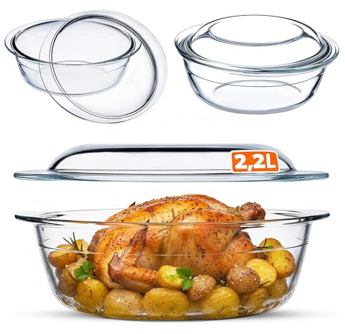 KADAX Pirofila per Cottura da Forno in Vetro Trasparente, Casseruola Rotonda con Coperchio da Cucina, Piatto Resistente al Calore per Lasagne (2.2L)