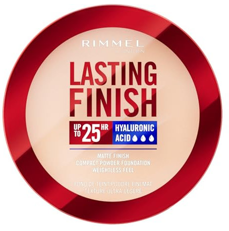 Rimmel Lasting Finish 25 HR Compact Foundation 001 Fair Porcelain, Matte Buildable Coverage, Powder-to-Cream, Anti-Pollution Shields, SPF 20, Hyaluronic Acid, Waterproof, Hides Imperfections