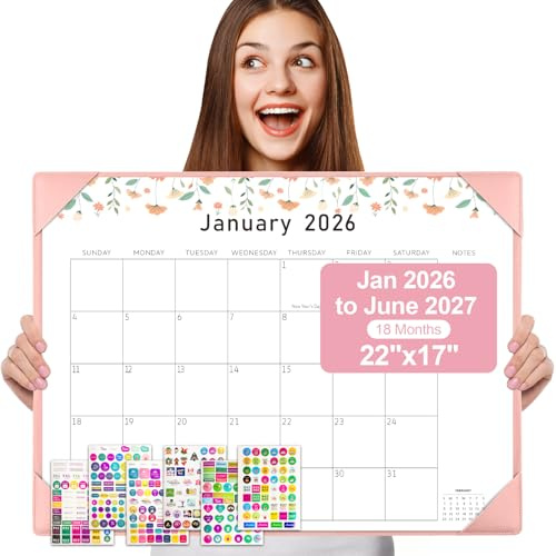 Gannyfer Desk Calendar 2026-2027 with Desktop Mat, Large 22 x 17 Desk Pad Calendar, 18-Month Calendar Use Now Through Jun 2027, Office Supplies for Home School Office, Pink with 6 Stickers