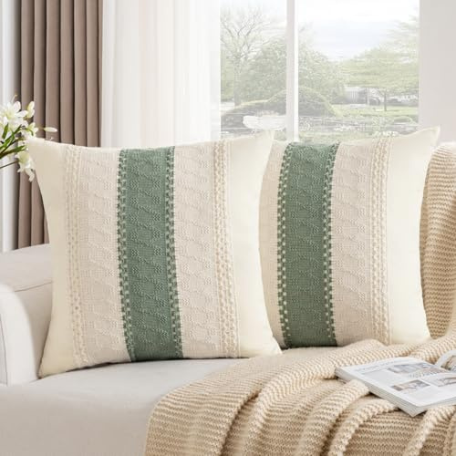Federe Cuscini Bohémien Copricuscini per Divano 50x50 Cotone Verde Salvia Moderno Casale Intrecciato Strutturato Quadrate Fodera per Cuscino per Divano Camera da Letto Sedia di Casa Set di 2