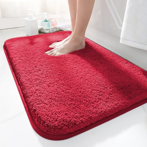 LUOJINYI Badematte 50x80cm rutschfest, Weich Wasserabsorbierende, Shaggy Hochflor-Mikrofasermatte für das Badezimmer, Badvorleger Maschinenwaschbar für Badewanne, Dusche und Badezimmer (Rot)
