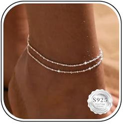 JUANKIKI 925 Sterling Silver Anklets for Women Adjustable Layered Waterproof Anklet Dainty Beach Ankle Bracelets for Women